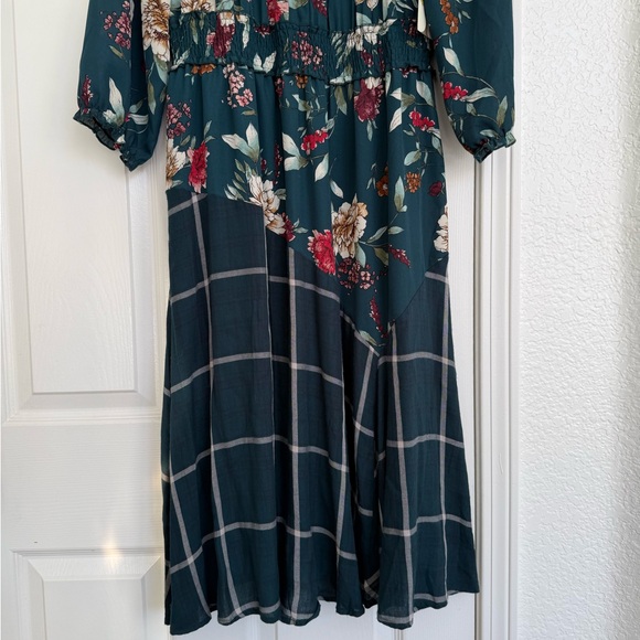 Anthropologie Fig & Flower Floral Plaid Forest Green Midi Dress Large NWT - Picture 3 of 9